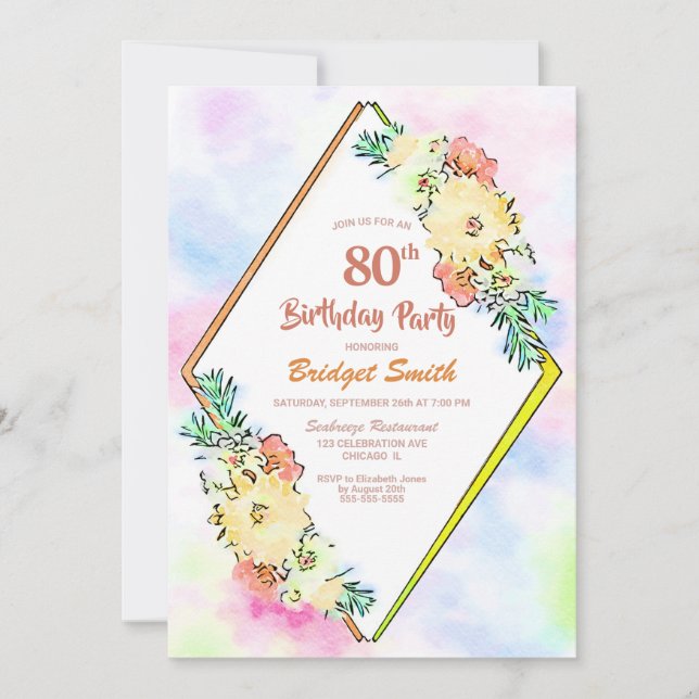Yellow Floral Geometric 80th Birthday Party Invitation (Front)