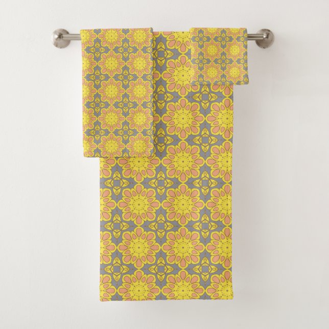 Yellow floral geometric patterned bath towel set (Insitu)