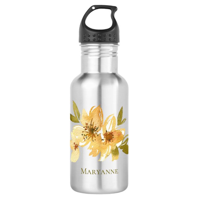 Yellow Floral Girly Personalized Stainless Steel Water Bottle (Front)