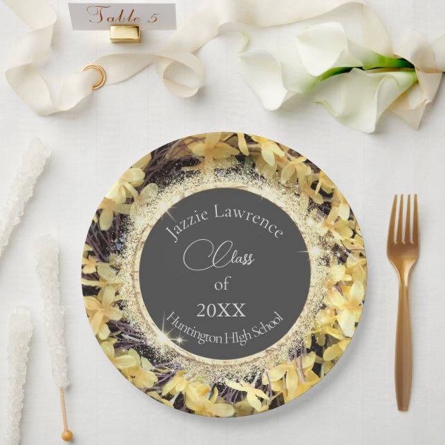 Yellow Floral Glittery Graduation Personalized  Paper Plates (Wedding)