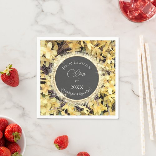 Yellow Floral Glittery Personalized Graduate Napkins