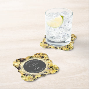 Yellow Floral Glittery Personalized Graduation Paper Coaster