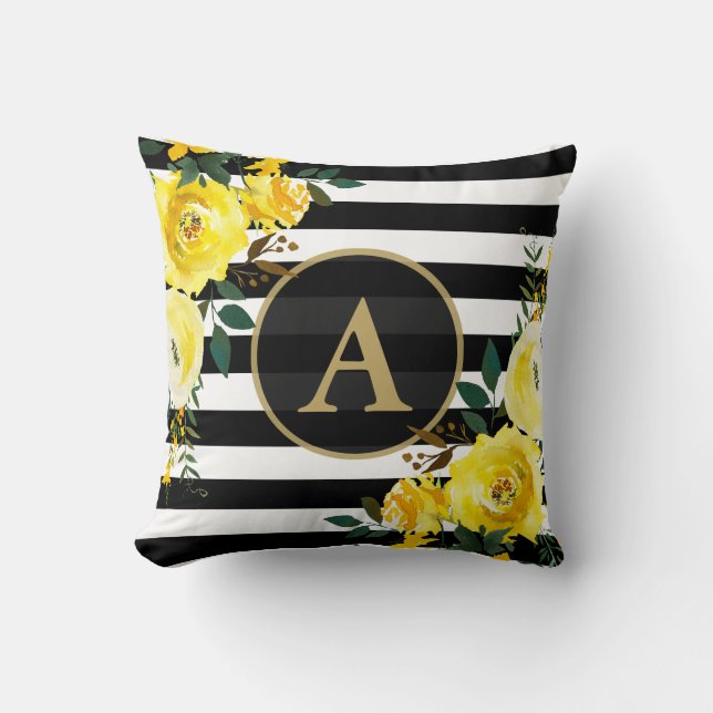 YELLOW FLORAL GOLD Monogram Black White Stripe Throw Pillow (Front)