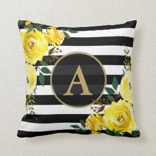 YELLOW FLORAL GOLD Monogram Black White Stripe Throw Pillow