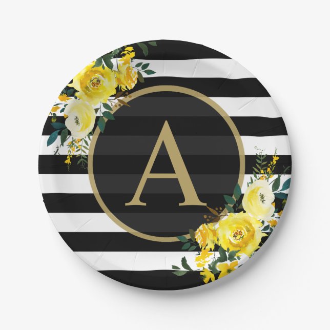 YELLOW FLORAL GOLD Monogram Black White Striped Paper Plates (Front)