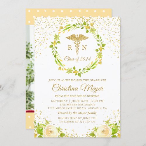 Yellow Floral Gold Nursing Graduation Party Photo Invitation