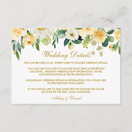 Yellow Floral Gold Wedding Details Insert Card