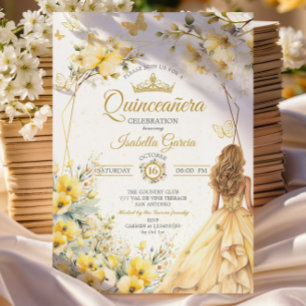 Yellow Floral Golden Tiara Butterflies Quinceañera Invitation