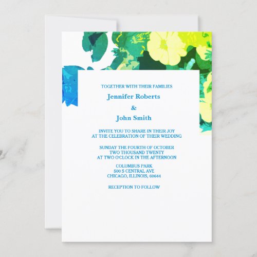 Yellow Floral Green Blue Leaves Art Custom Wedding Invitation