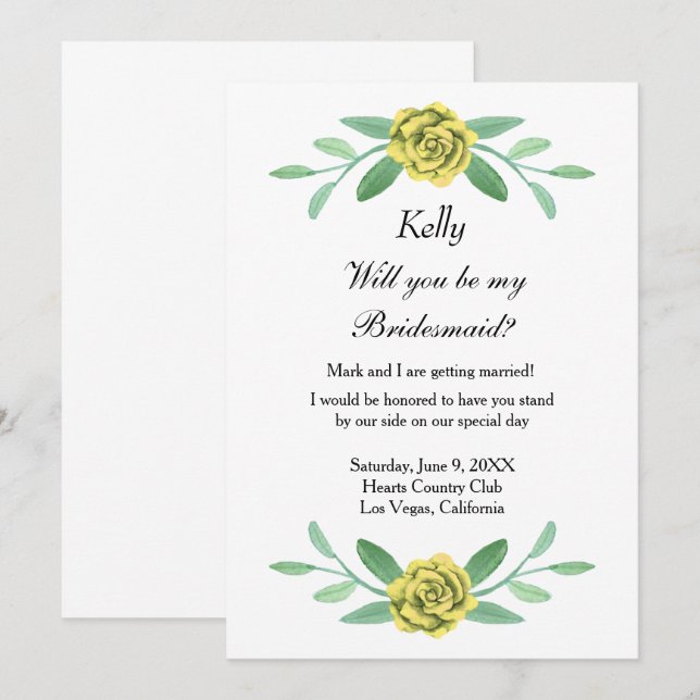 Yellow Floral Greenery Foliage Bridesmaid Card (Front/Back)