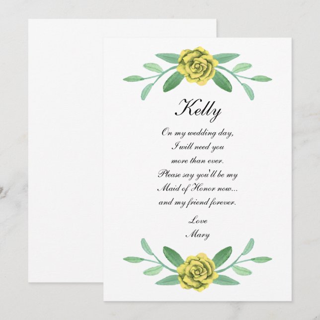 Yellow Floral Greenery Foliage Maid Of Honor Card (Front/Back)