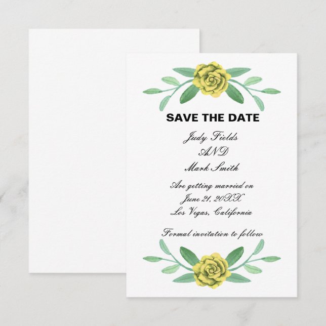 Yellow Floral Greenery Foliage Save The Date Card (Front/Back)