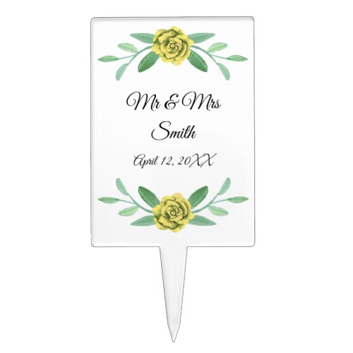 Yellow Floral Greenery Foliage Wedding Cake Topper