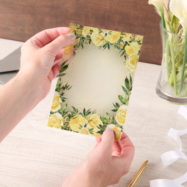 Yellow Floral Greenery Gold Glitter Vellum Wedding Invitations (Handheld)