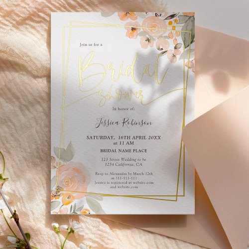 Yellow floral greenery gold script bridal shower foil invitation