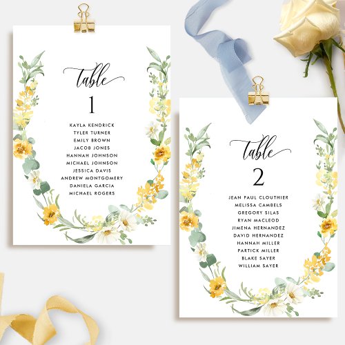 Yellow Floral Guest Names Seating Plan Cards
