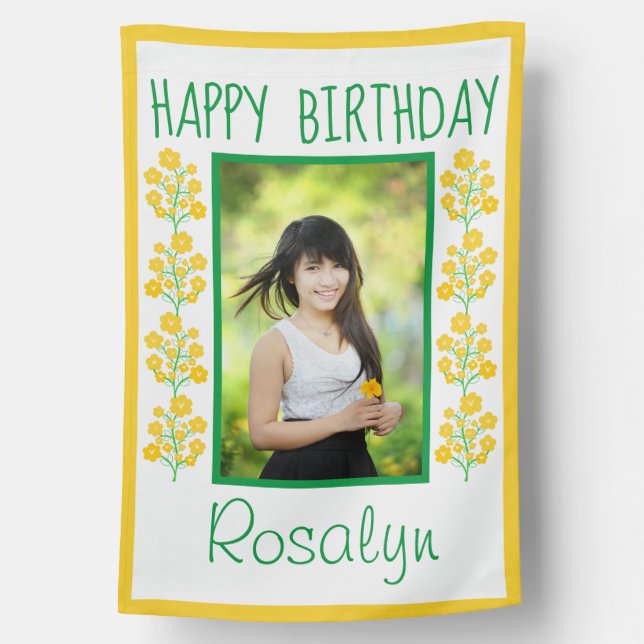 Yellow Floral Happy Birthday Photo House Flag (Back)