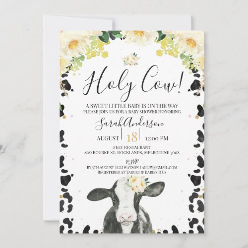 Yellow Floral Holy Cow Cow Print Baby Shower Invit Invitation