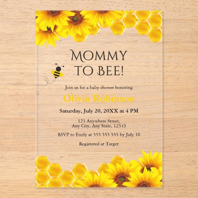 Yellow Floral Honeycomb Mommy to Bee Baby Shower  Acrylic Invitations (Front)