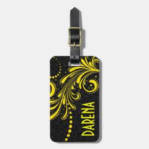 Yellow Floral Lace Black Damasks Luggage Tag