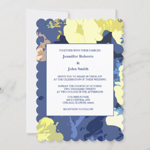 Yellow Floral Leafy Dusty Blue Artsy Wedding 2024 Invitation