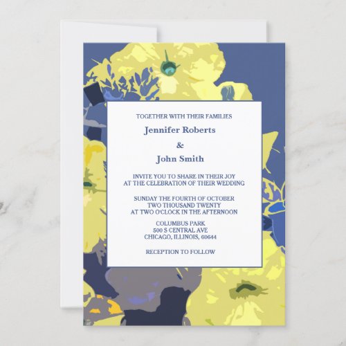 Yellow Floral Leaves Dusty Blue Artsy Wedding 2024 Invitation