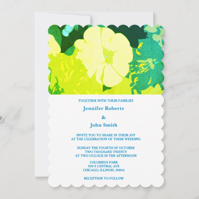 Yellow Floral Leaves Green Blue Artsy Boho Wedding Invitation (Front)