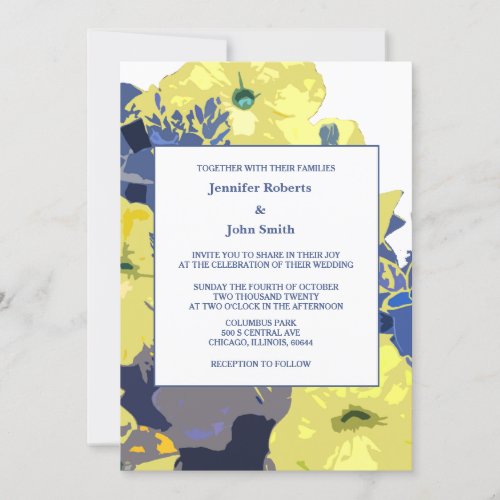 Yellow Floral Leaves White Blue Custom Wedding Invitation