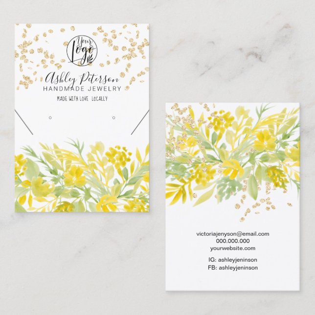Yellow floral logo gold jewelry earring necklace business card (Front/Back)