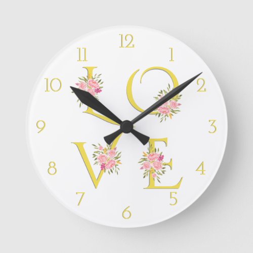 Yellow floral Love typography Valentines Day Round Clock