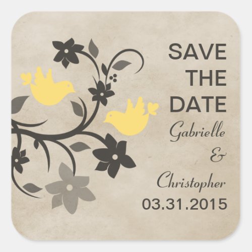 Yellow Floral Lovebirds Save the Date Stickers