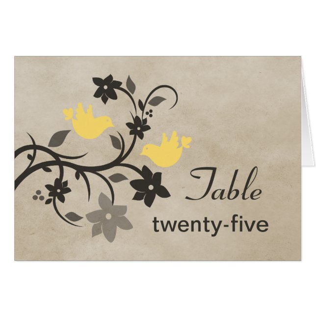 Yellow Floral Lovebirds Table Number Card (Front Horizontal)