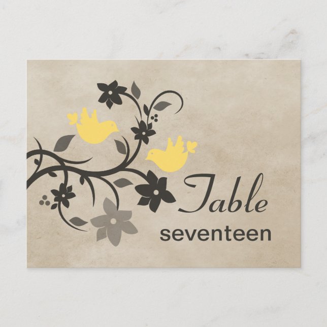 Yellow Floral Lovebirds Table Number Postcard (Front)