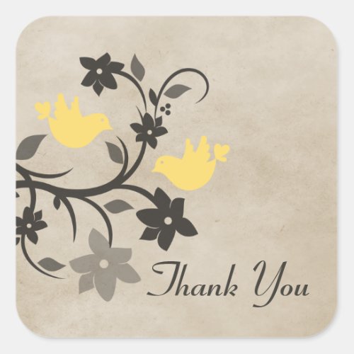 Yellow Floral Lovebirds Thank You Stickers