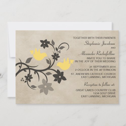 Yellow Floral Lovebirds Wedding Invitation