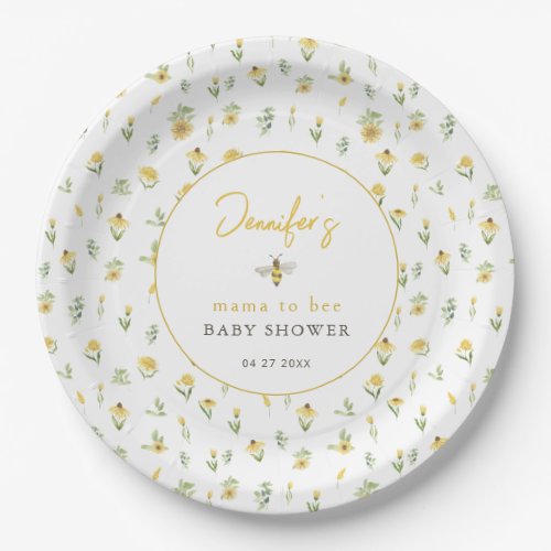 Yellow floral mama to bee baby shower paper plates