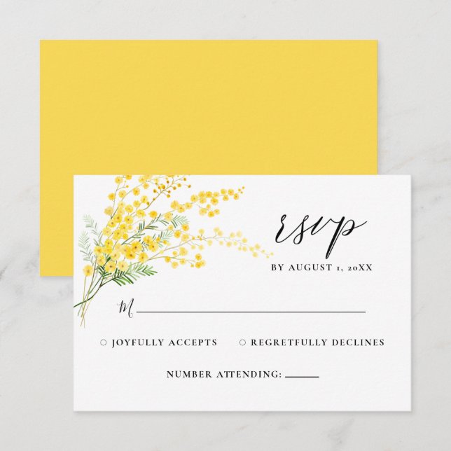 Yellow Floral Mimosa Spring Flowers Wedding RSVP  Card (Front/Back)