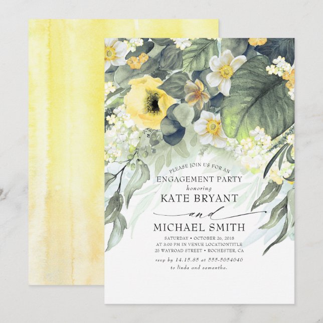 Yellow Floral Modern Engagement Party Invitation (Front/Back)