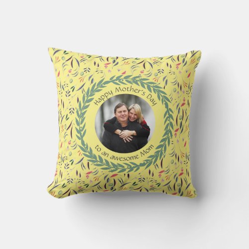 Yellow Floral MOM Photo Throw Pillow