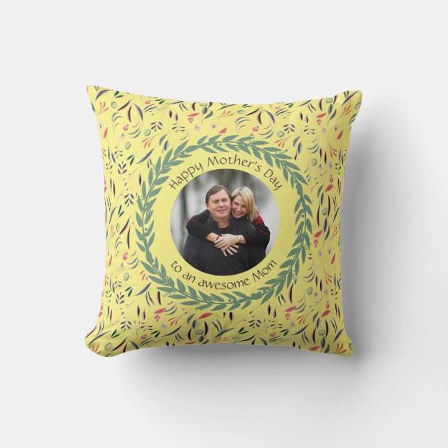 Yellow Floral MOM Photo Throw Pillow (Front)