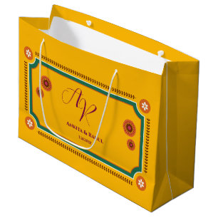 Yellow Floral Monogram Initials Indian Wedding Large Gift Bag