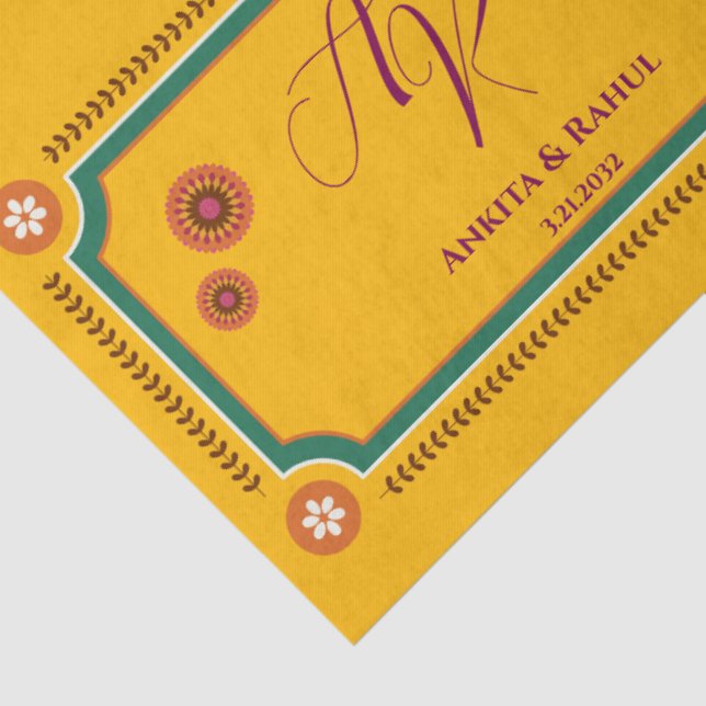 Yellow Floral Monogram Initials Indian Wedding Tissue Paper (Detail)