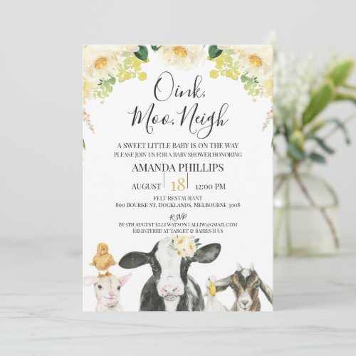 Yellow Floral Oink Moo Neigh Farm Baby Shower Invitation