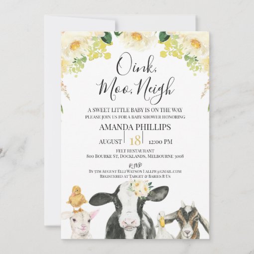 Yellow Floral Oink Moo Neigh Farm Baby Shower Invitation | Zazzle