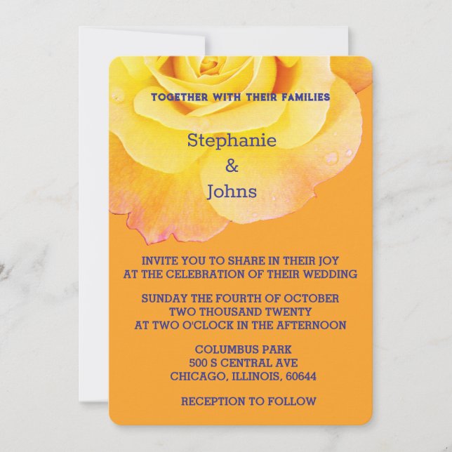 Yellow Floral Orange Rose Navy Blue Boho Wedding I Invitation (Front)