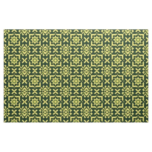 Yellow Floral Ornament on a Green Background Fabric