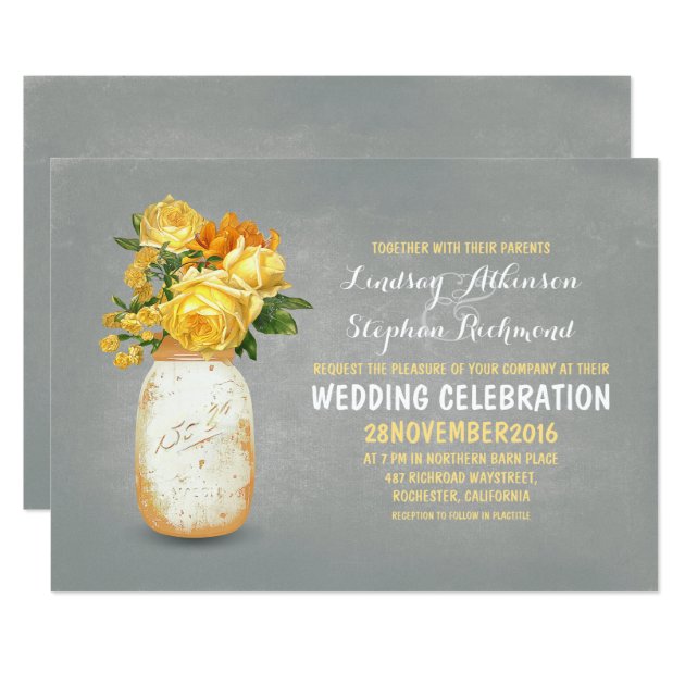 Yellow Floral Painted Mason Jar Wedding Invitation