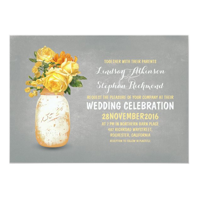 Yellow Floral Painted Mason Jar Wedding Invitation