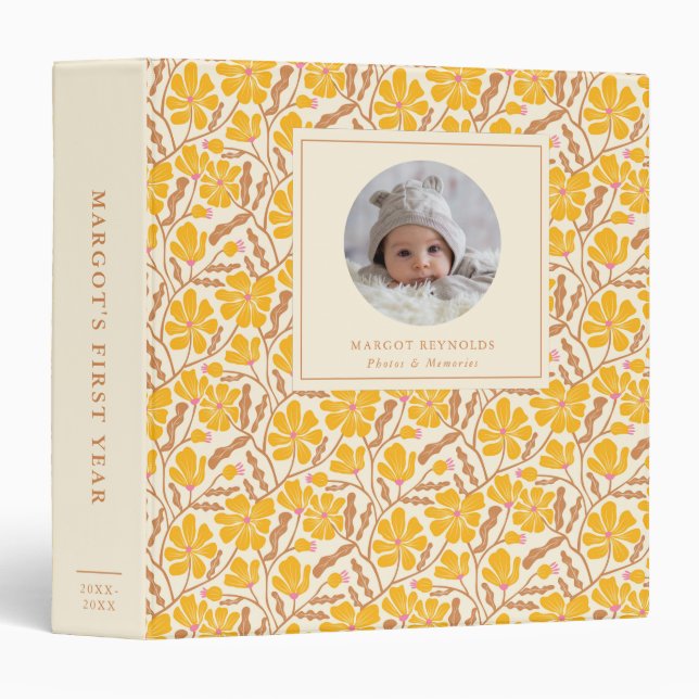 Yellow Floral Pattern Baby Photo Album 3 Ring Binder (Front/Spine)