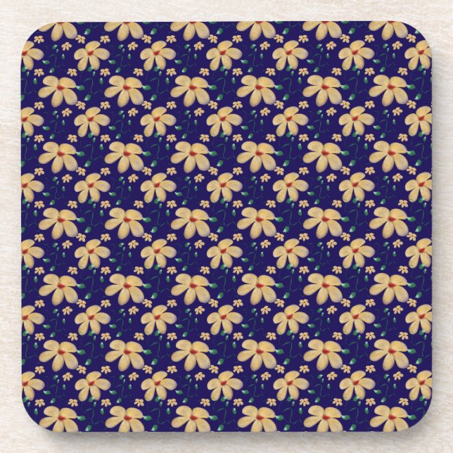 Yellow floral pattern  beverage coaster (Front)